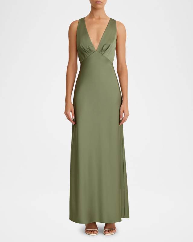 Lucile Plunging Low-Back Bias Maxi Dress